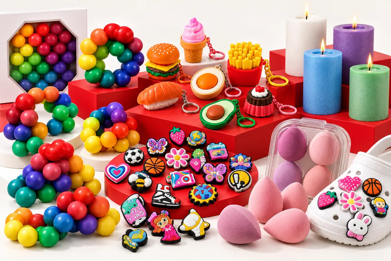 Martin Max merchandising artwork with colourful gifts, toys and accessories for a retail assortment